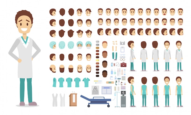 Handsome doctor character set for animation with various views, hairstyles, emotions, poses and gestures.