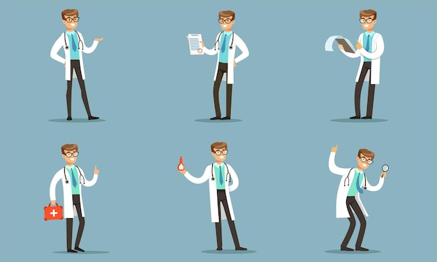 Handsome Doctor Making Daily Practical And Paper Work Vector Illustration Set Isolated On Blue Background