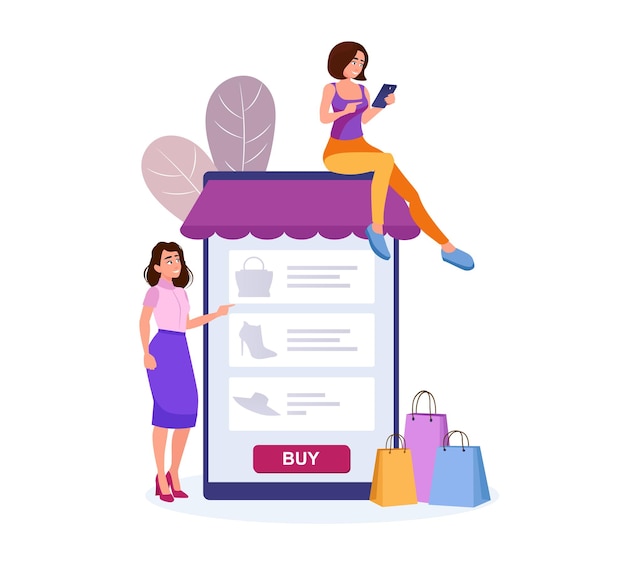 Belli personaggi femminili che partecipano ai saldi stagionali nel negozio online acquisti su internet effettuare acquisti utilizzando applicazioni mobili grandi sconti e società dei consumi vector