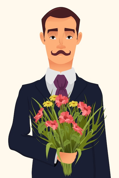 Vector handsome gentleman holding a bouquet of flowers