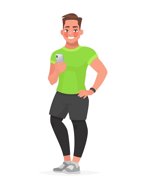 Вектор Красивый парень держит смартфон в руках. фитнес-приложение для занятий спортом.