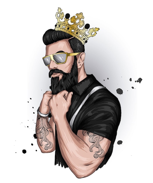 Handsome hipster man in crown and glasses