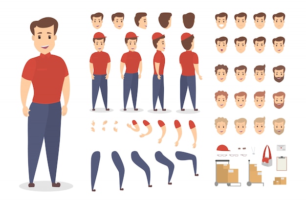 Vector handsome male courier character set for animation with various views, hairstyles, emotions, poses and gestures. different equipment such as bag, boxes and clipboard.   illustration