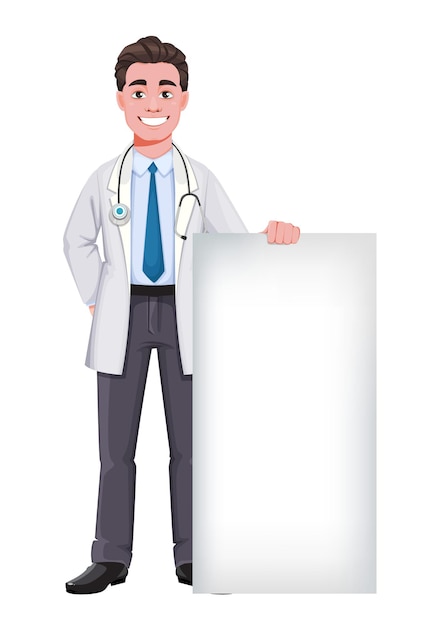 Vector handsome male doctor standing near blank