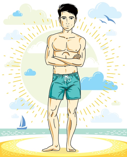 밝은 반바지에 열 대 해변에 서 있는 잘생긴 남자 성인. 벡터 멋지고 스포티한 남자 그림입니다. 여름 테마 클립 아트.