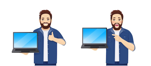 Handsome man in casual clothes showing pointing to blank screen laptop computer different posing