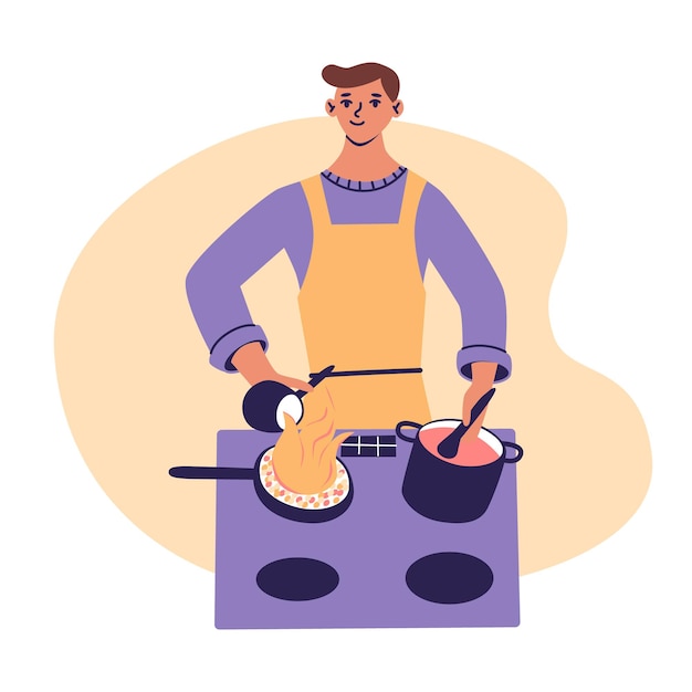 Красивый мужчина готовит молодой парень в фартуке готовит вкусную еду муж дома готовит полезный домашний ужин плоская мультяшная векторная иллюстрация модные цвета на белом фоне