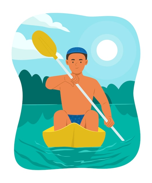 Vector handsome man enjoying with rowing canoe in river