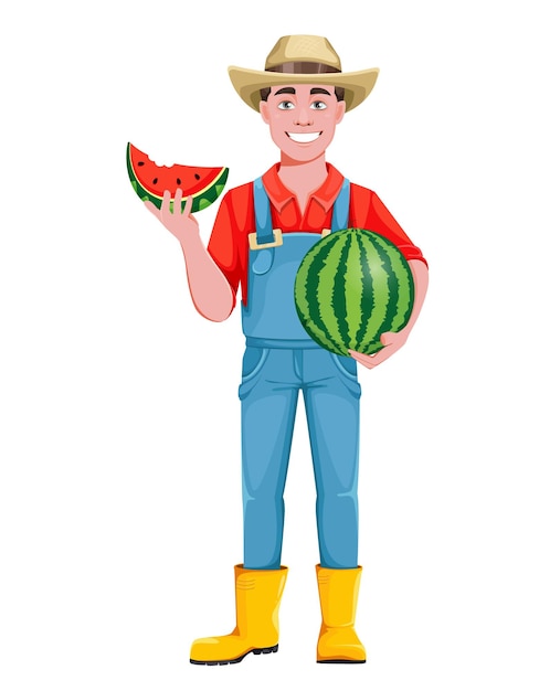 Handsome man farmer. Cheerful male farmer cartoon character holding juicy watermelon. Stock vector illustration on white background