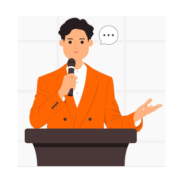 Handsome man holding microphone giving speech standing illustration