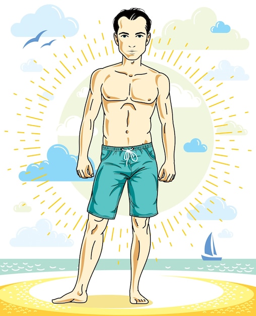 Vettore uomo bello che posa sulla spiaggia tropicale in pantaloncini colorati. personaggio vettoriale. tema delle vacanze estive.