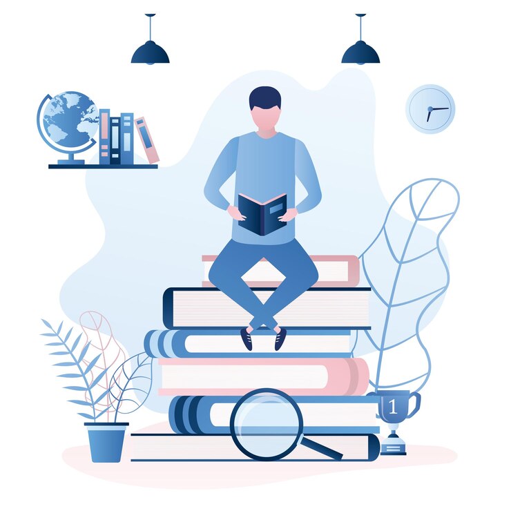 Vector handsome man student sitting pile of books male character reading book textbook education learning