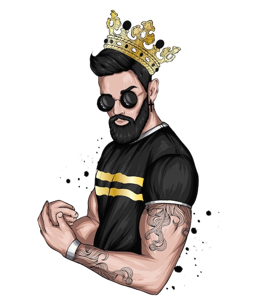 Vector handsome man in stylish tshirt glasses and crown