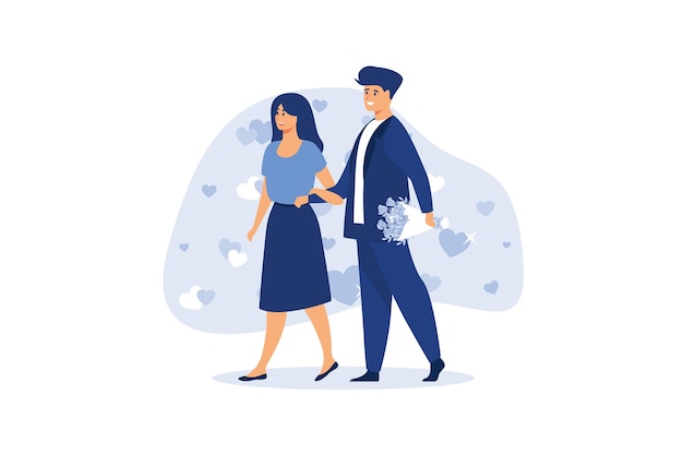 a handsome man surprising a beautiful woman giving a red rose bouquet as love present flat vector