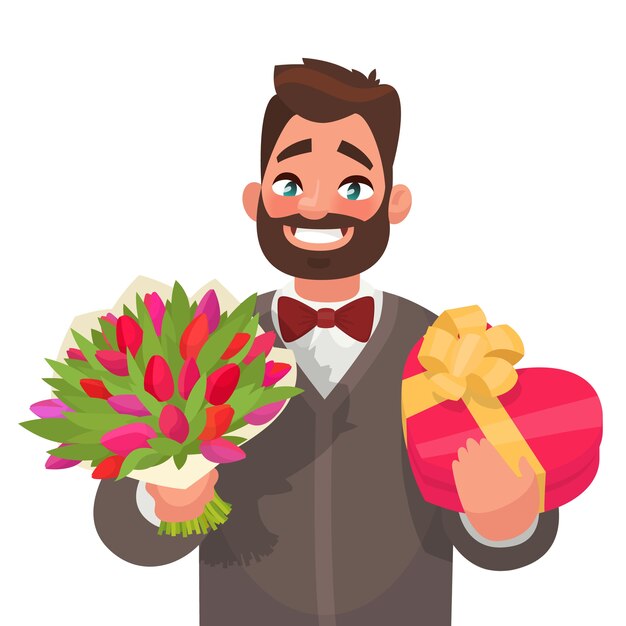 Handsome man with a bouquet of flowers and a gift.  illustration