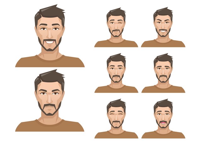 Vector handsome man with different facial expressions set.