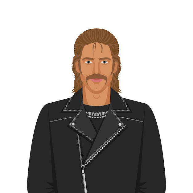 Vector handsome man with mullet hairstyle in biker jacket