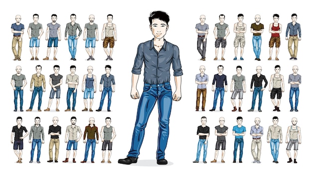 Handsome men in casual wear standing and posing vector illustrations big set isolated on white background, attractive gorgeous males in full body length people characters collection.