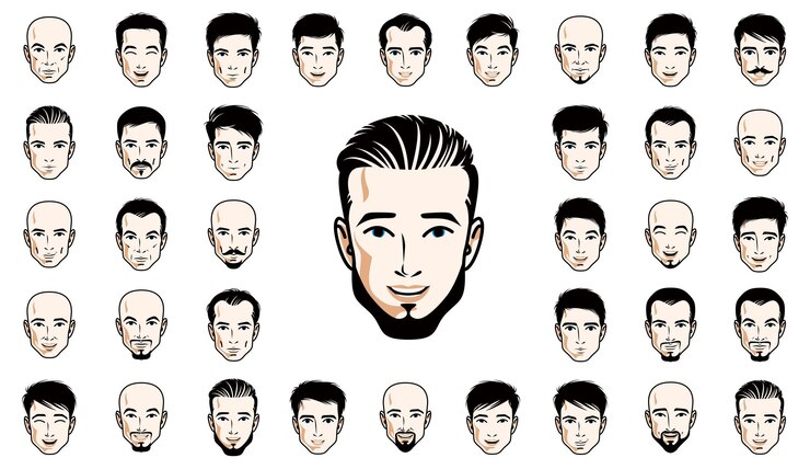 Vector handsome men faces and hairstyles heads vector illustrations set isolated on white background, guy happy attractive beautiful faces avatars collection with different haircuts.
