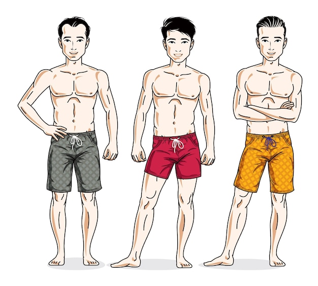 Handsome men group standing wearing beach shorts. vector different people characters set.