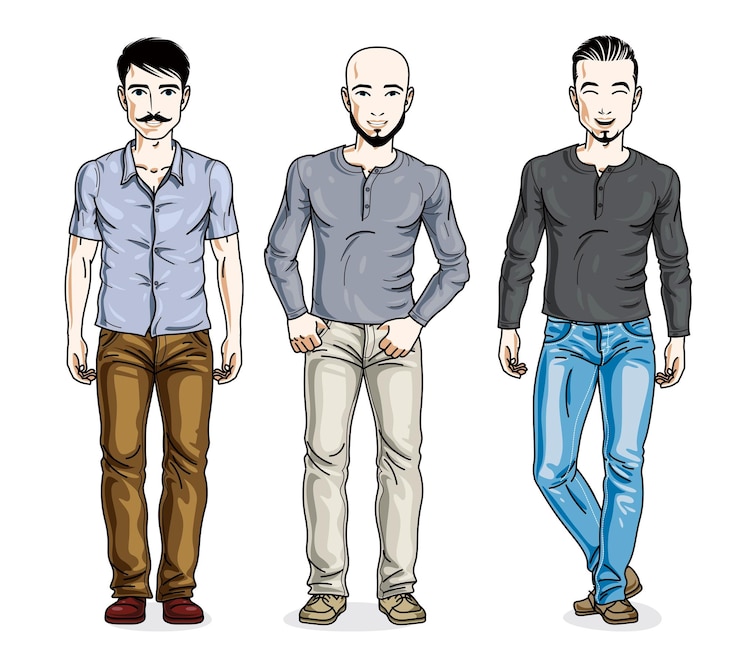 Vector handsome men group standing wearing casual clothes. vector set of beautiful people illustrations. lifestyle theme male characters.