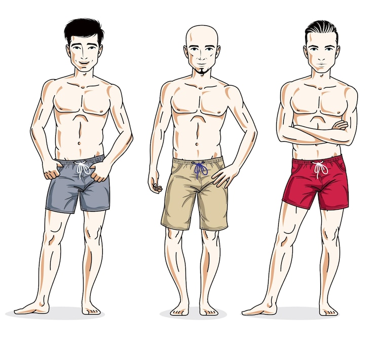 Vector handsome men group standing with perfect body, wearing beach shorts. vector different people characters set. lifestyle theme male characters.