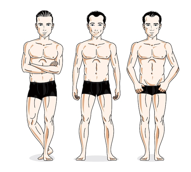 Vettore uomini belli che posano in biancheria intima nera. set di illustrazioni di persone vettoriali.