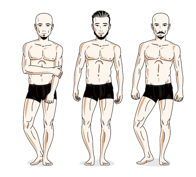 Vector handsome men posing in black underwear. vector people illustrations set.