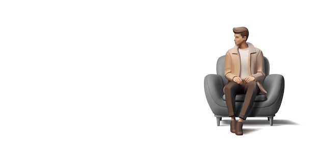ベクトル 椅子に座っているハンサムな男性 3dレンダリング イラスト 沢なファッション リラックスしたモダンなアームチェア