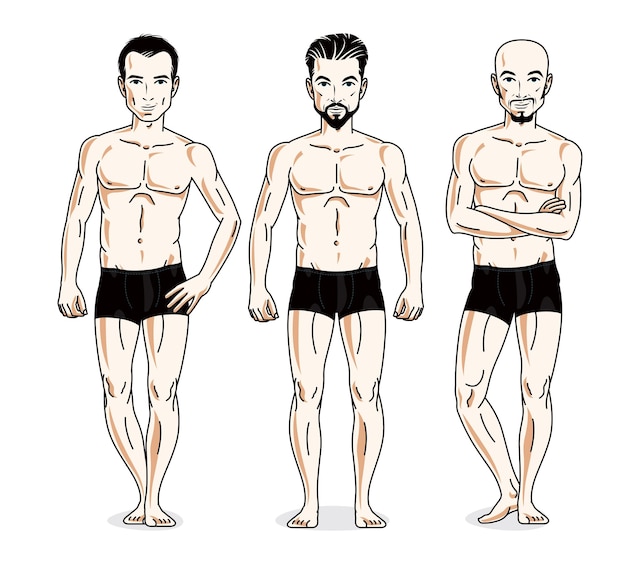 Handsome men standing in black underwear. Vector set of beautiful people illustrations.