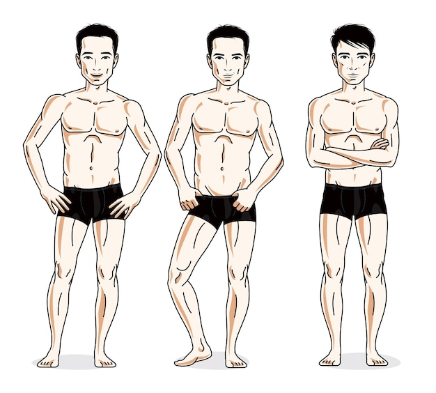 Vector handsome men standing in black underwear. vector set of beautiful people illustrations.