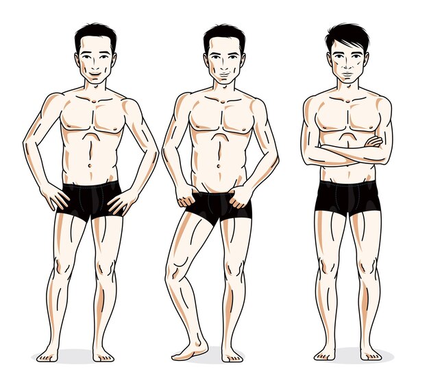 벡터 검은 속옷에 서 있는 잘생긴 남자. 아름다운 사람들 삽화의 벡터 세트입니다.