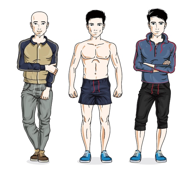 Handsome men standing in stylish sportswear, sportsman and fitness people. Vector different people characters set.