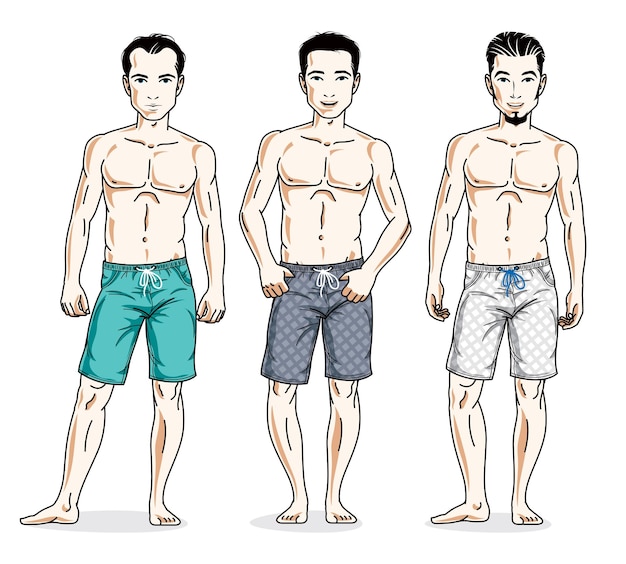 Handsome men standing wearing beach shorts. Vector people illustrations set.