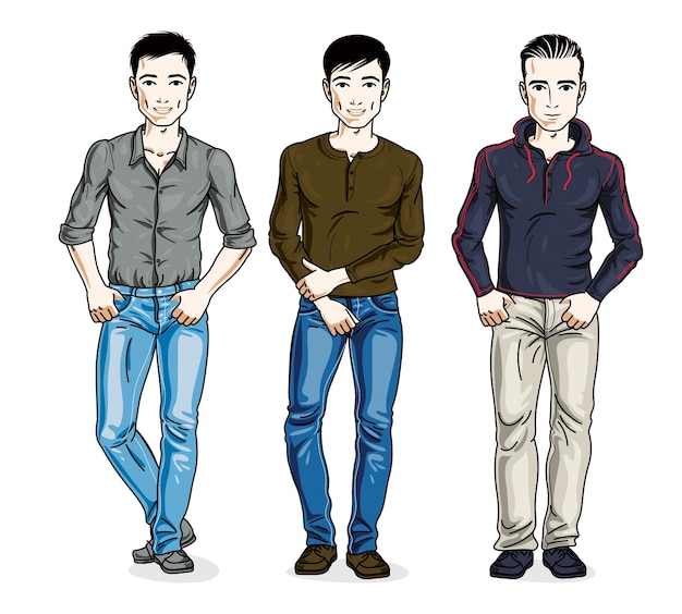 Vector handsome men standing wearing fashionable casual clothes. vector different people characters set.