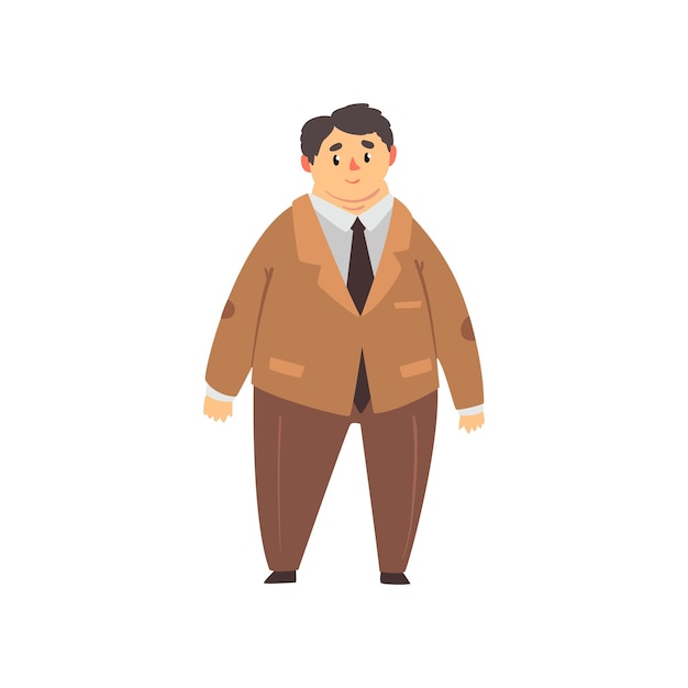 Handsome overweight man dressed brown suit fat guy in fashionable clothes body positive vector