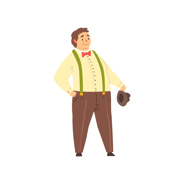 Vector handsome overweight man wearing pants with suspenders shirt and a bow tie fat guy in fashionable