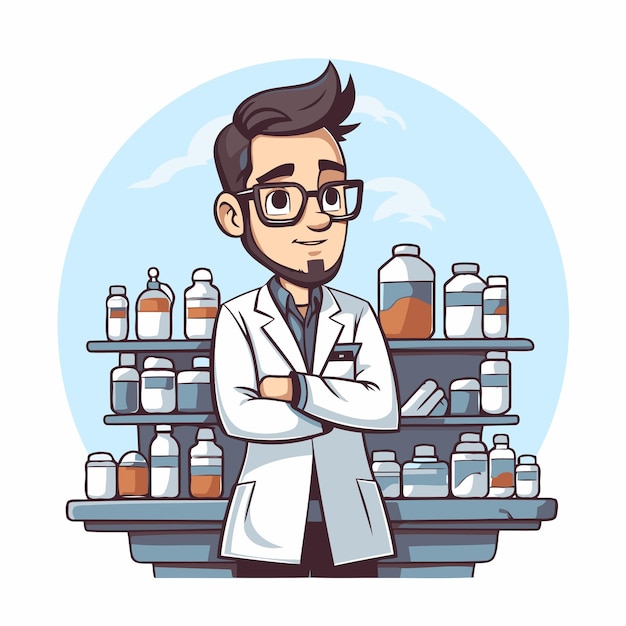 Handsome pharmacist cartoon character Vector illustration in cartoon style