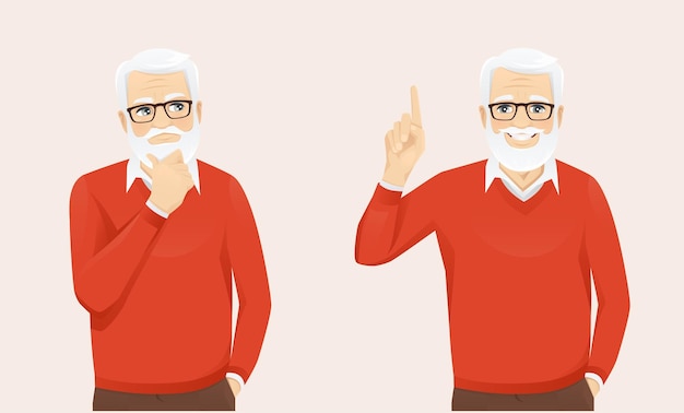 Vector handsome senior man in casual clothes thinking looking away and making idea pointing up vector