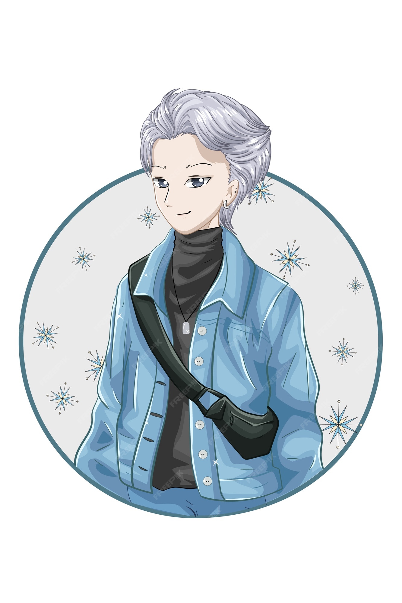 Premium Vector | Handsome silver hair boy anime japanese wearing blue jacket and black turtleneck Premium Vector | Handsome silver hair boy anime japanese wearing blue jacket and black turtleneck