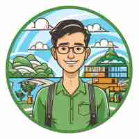 Vector handsome smiling man in front of school bus vector illustration