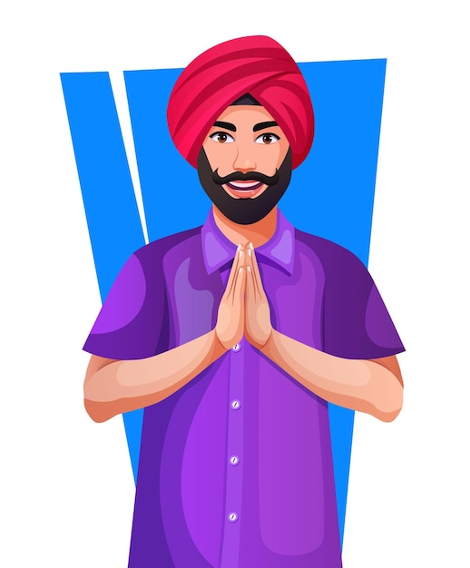 Vector handsome smiling punjabi man greeting standing in a greeting pose to namaste hands wearing turban