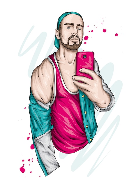 Vector handsome sporty guy in a shirt and a cap