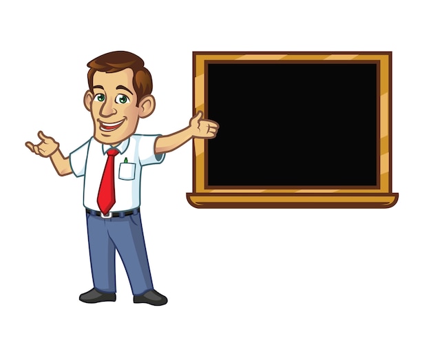 Handsome teacher explain subject next to black board