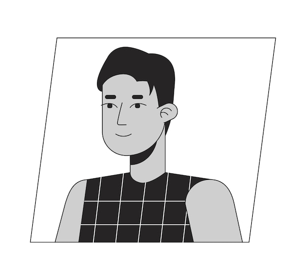 Handsome young adult man black white cartoon avatar icon Brunette hispanic male Editable 2D character user portrait linear flat illustration Vector face profile Outline person head and shoulders