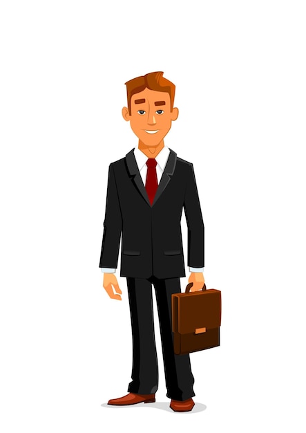 Handsome young cartoon businessman in elegant black suit with red tie is standing with leather briefcase in hand. Great for business people avatar and office workers design