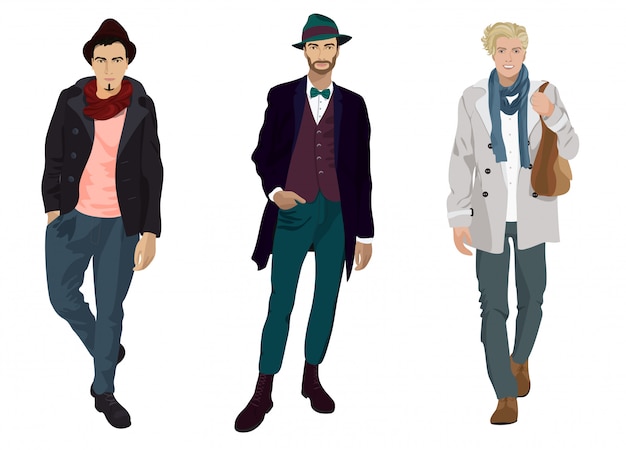 Vector handsome young guys in fashion and casual clothes isolated.