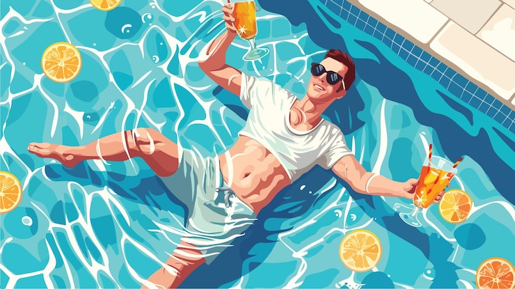 Vector handsome young man enjoying refreshing cocktail by the pool