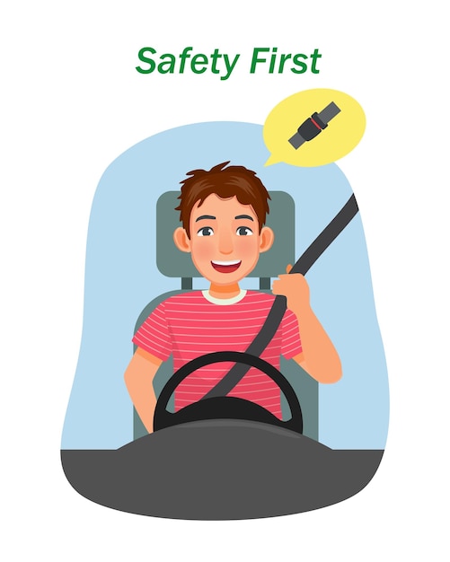 Handsome young man fastening car seat belt before driving for safety first