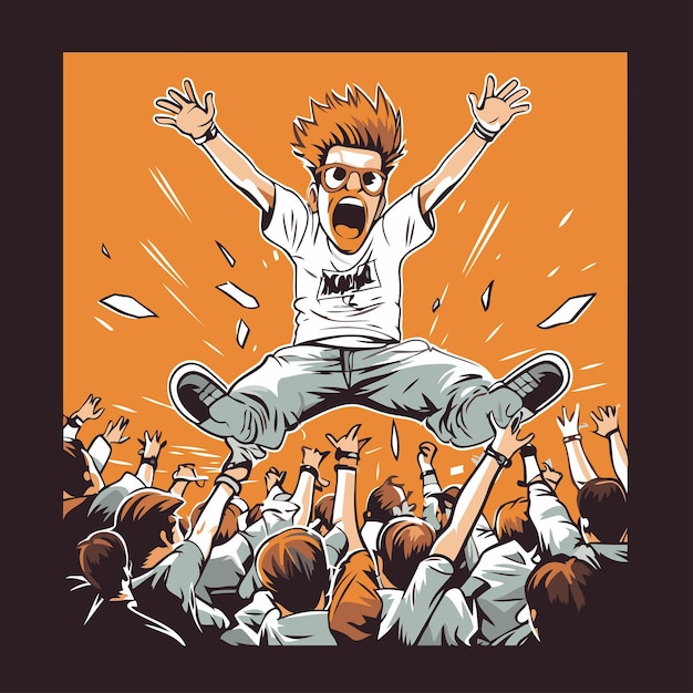 Vector handsome young man jumping in the crowd vector illustration